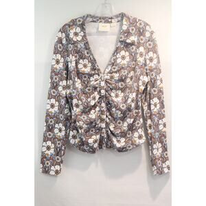 Maeve Anthropologie Top Womens size XL Brown Floral Collar Ruched Button Stretch